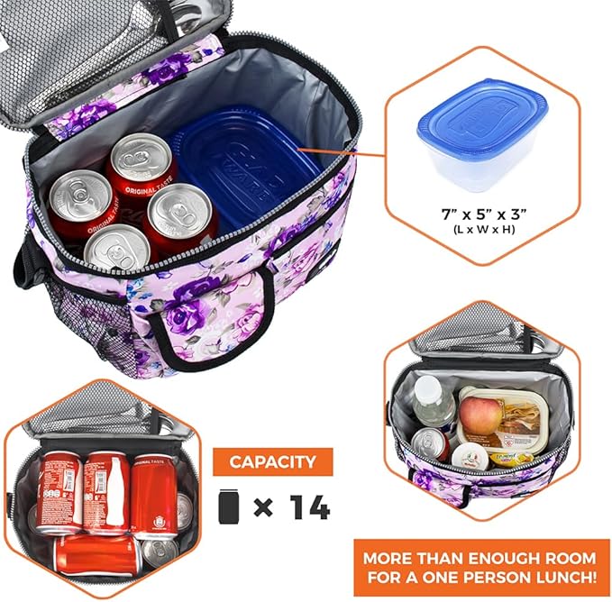 opux Insulated Lunch Bag for Men Women, Leakproof Floral Purple Lunch Box for Work, Portable Soft Lunch Cooler Bag with Shoulder Strap, Adult Lunchbox Lunch Pail for Kid Boy Girl School, 14 Can/8L