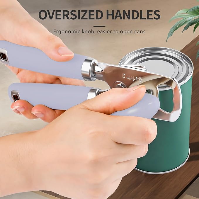 Can Opener Manual, Heavy Duty Stainless Steel Smooth Edge Can Opener With Soft Touch Handle, Oversized Handheld Easy Turn Knob, Multi-Function Bottle Opener, Lavender