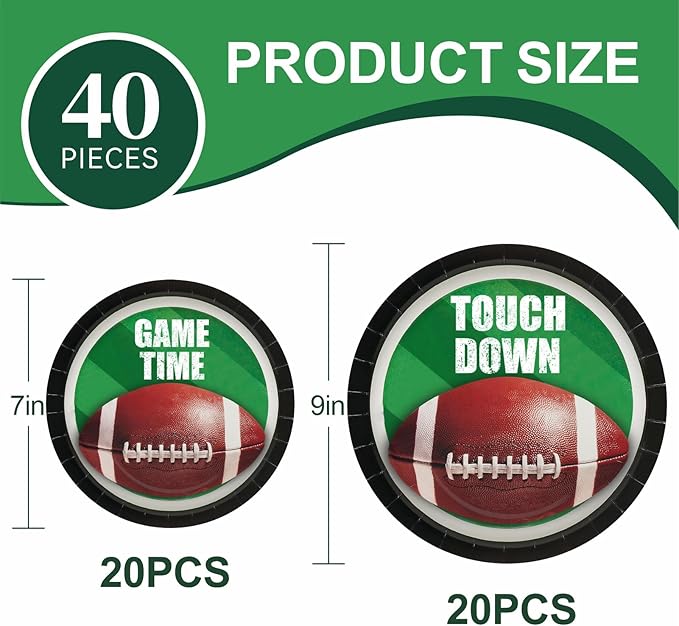 40pcs Football Party Paper Plates Set Disposable Sports Party Food Dinner Dessert Plate Birthday Tableware Decorations Favors, Including 20pcs 9" and 20pcs 7" Plates for Football Theme Plate