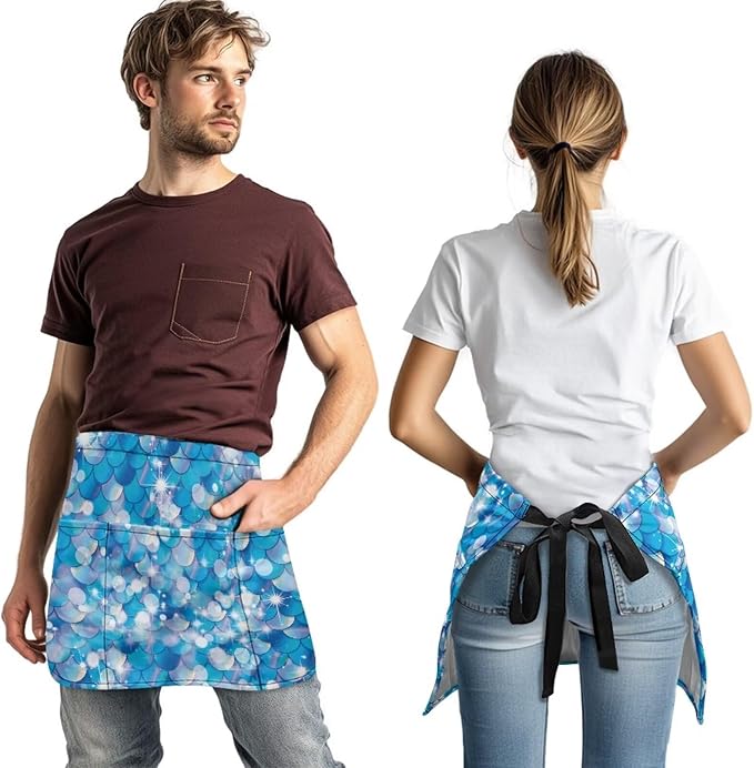 Server Waitress Waist Apron with 3 Pockets, Short Aprons for Servers,Waiter Apron For Waiter Accessories