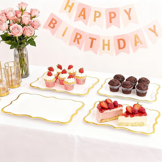 40 Pcs White and Gold Rim Cardboard Serving Trays, 9" x 13" Disposable Serving Trays and Platters Cupcake Platter Rectangle Gold Servings Tray for Fruit Dessert Cookies Birthday Party Wedding