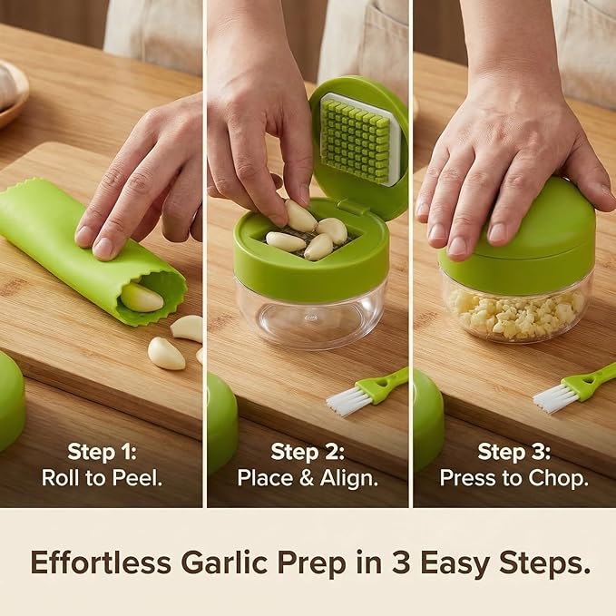 2-Pack 3-in-1 Garlic Press Set, Stainless Steel Garlic Mincer with Garlic Peeler & Cleaning Brush, Garlic Crusher Tool with Storage Container for Kitchen Cooking (Green)