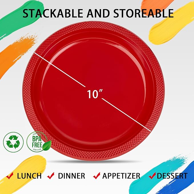 WELLIFE Red Party Plates 10 Inch -150 Count, Plastic Disposable Plates for Valentine's Day Dinner Party Easter Mother's Day