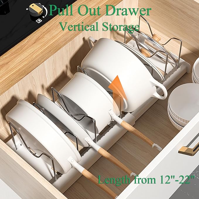 Pots and Pans Organizer Under Cabinet Pot Rack: Expandable Pot Lid Holder with 7 Adjustable Dividers for Kitchen Storage Cutting Boards, Bakeware, Lid, Black
