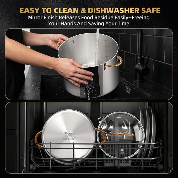 12 Quart Stock Pot with Lid, Upgraded Tri-Ply Stainless Steel Pot, Seamless Large Cooking Pot with Stay-Cool Brass Handle, Healthy Polished Stockpots, Induction Cookware, Oven & Dishwasher Safe