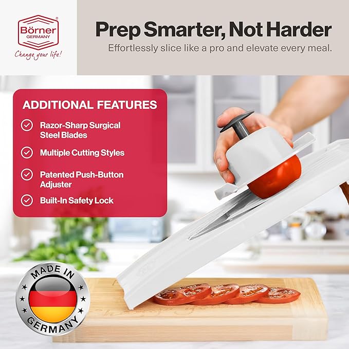 Swissmar Börner VPower V-Slicer Mandoline – Professional Kitchen Tool with Adjustable Thickness – Precision Food Slicer for Vegetables, Julienne, Shredding – Includes Safety Holder & Inserts - White