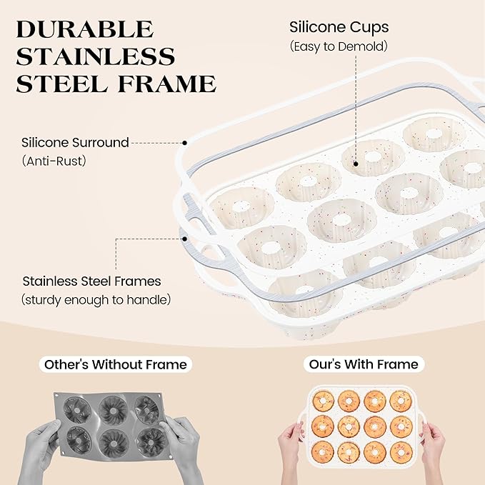3 Inch Silicone Mini Fluted Tube Cake Pans with Metal Reinforced Frame, 12-Cavity Mini Flan Molds, Non-stick Silicone Baking Mold(1 Pc)