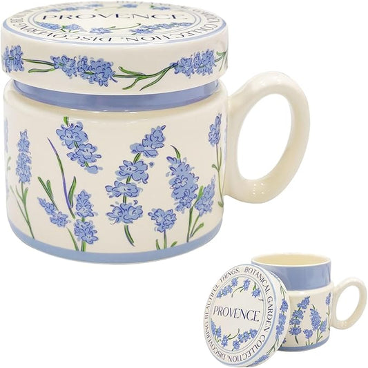 12.9oz Ceramic Coffee Mug with Lid,Flower Patterned Porcelain Mug,Ceramic Tea Cup Coffee Latte Mug for Office and Home,Blue,1 Piece