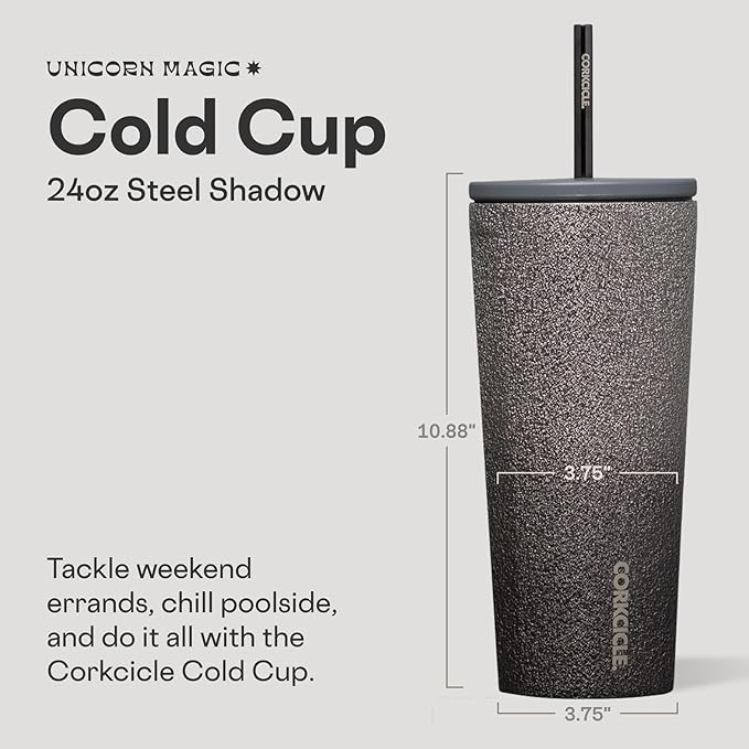 Corkcicle Cold Cup Insulated Tumbler with Straw - Keeps Drinks Cold for 12 Hours - Triple-Insulated Stainless Steel - Leak-Resistant Lid - Summer Drinkware Gift - 24 oz - Steel Shadow
