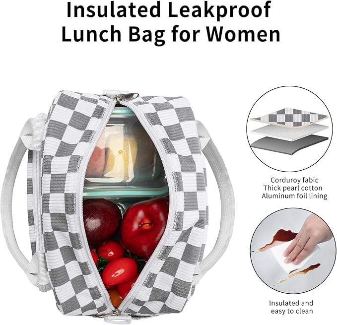 Lunch Box for Women Insulated Lunch Bag Women Adult Cute Lunch Bags Reusable Lunchbox Cooler Tote Bag for Work Picnic (White-Gray)