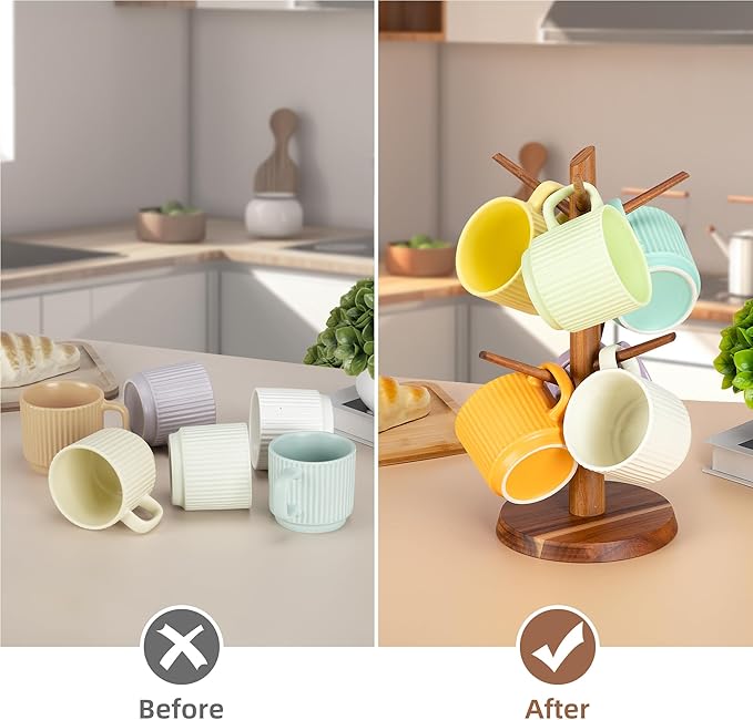 Acacia Wood Mug Holder Tree, 6 Hooks Wooden Mug Organizer for Kitchen Counter & Coffee Bar, Easy to Assemble, Natural Wood Color, Ideal for Small to Medium Mugs