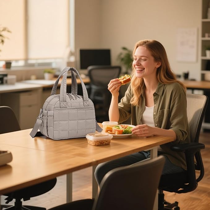 LEDAOU Lunch Box for Women Lunch bag Quilted Puffer Lunch Box with Adjustable Strap Insulated Reusable LunchBox for Work School Picnic Travel (Grey)