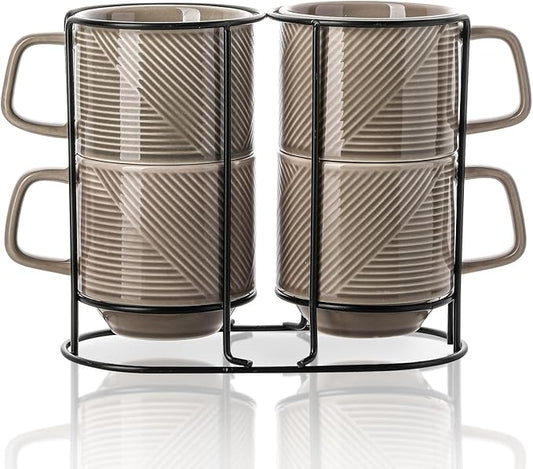 Stackable Coffee Mugs with Rack: 13 oz Stacking Ceramic Cups with Stand - Porcelain Stacked Tea Mug Set of 4 (Grey)