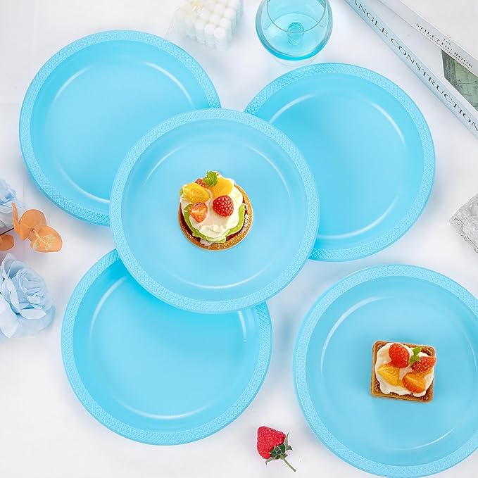 WELLIFE Light Blue Party Plates 10 Inch -150 Count, Disposable Plastic Baby Blue Dinner Plates for Party Dessert Cake Appetizer Baby Shower