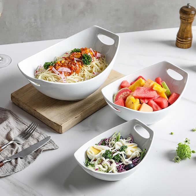 3 Piece Serving Bowls with Handle, Porcelain Serving Dishes, for Entertaining, Party, Housewarming, Christmas, Baby Shower, Microwave, and Dishwasher Safe, 15/28/47 oz, White