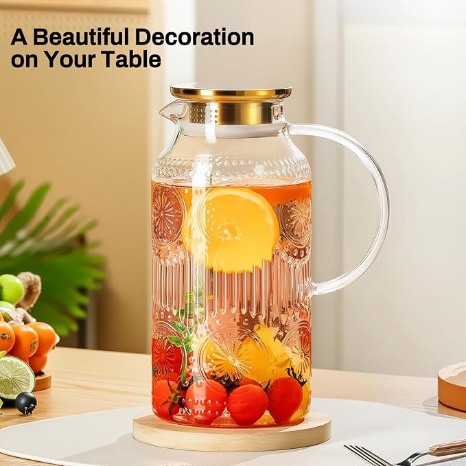 Glass Pitcher with Lid and Handle, 2 PACK 68 oz/2 Liter Vintage Embossed Sun Flower Water Pitcher, Clear Borosilicate Glass Water Carafe for Cold Brew, Iced Sun Tea,Beverage, Heat Resistant