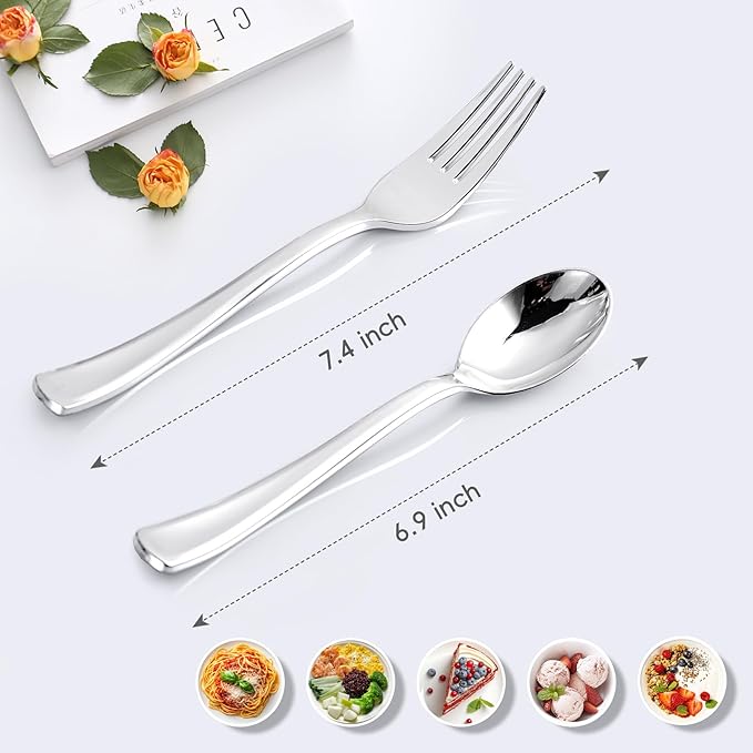 N9R 200PCS Silver Plastic Silverware, Heavy Duty Disposable Cutlery Set for Parties, Disposable Plastic Spoons and Forks Includes 100 Silver Spoons and 100 Forks for Weddings, Birthday, Dinner