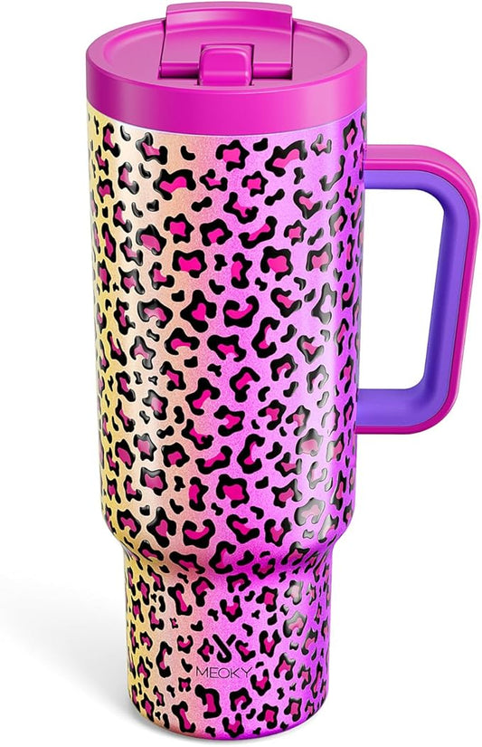 Meoky 40 oz Tumbler with Handle and Flip Straw, 100% Leakproof Tumbler with Lid and Straw, Stainless Steel Insulated Cup, Cupholder Friendly, Keeps Cold for 34 Hours (Celebration)