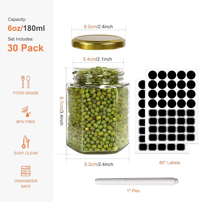 Betrome 30 Pack 6oz Hexagon Glass Jars with Gold Lids, 180ml Clear Glass Canning Jars Honey Jars Spice Jars Mason Jars for Jams, Shower Favors, Wedding Favors, Craft, 1 Pen and Labels Included