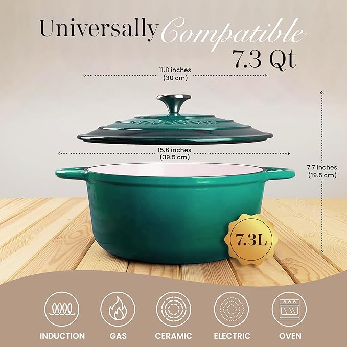 Cast Iron Dutch Oven with Lid – Non-Stick Ovenproof Enamelled Casserole Pot – Sturdy Dutch Oven Cookware – Dark Green, 7.3-Quart, 30cm – by Nuovva