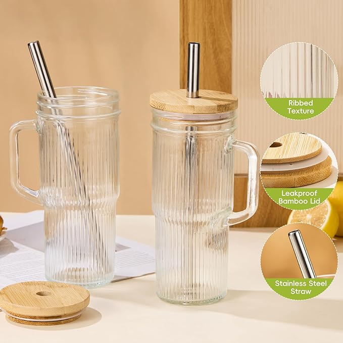 24oz Ribbed Glass Tumbler with Straw and Lid,Glass Cups with Handle,Stainless Steel Straws & Cleaning Brushes – Iced Coffee Cup for Smoothies, Tea, and Gifts, Set of 2