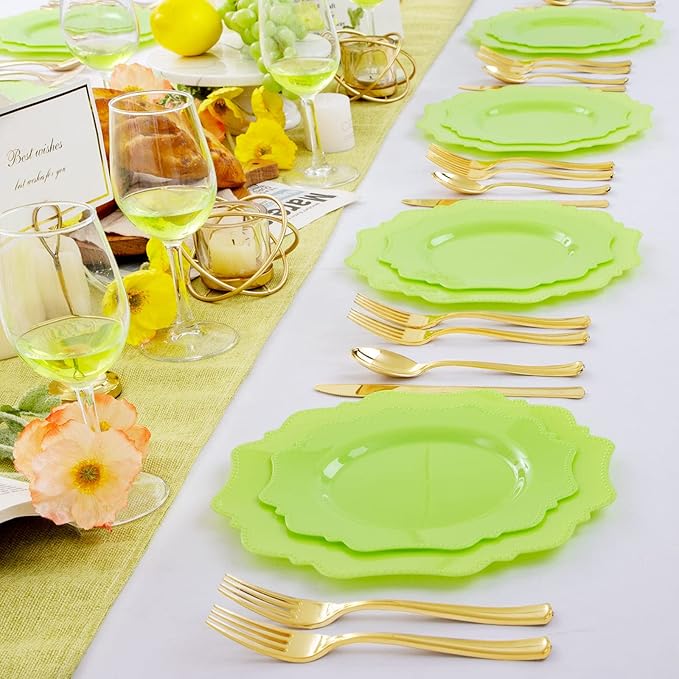 COLOSUS Green Plastic Plates 60Pcs, Light GreenDisposable Party Plates, Heavy Duty 30 Dinner plate 10.5" and 30 Salad/Dessert Plate 8.25" for Easter,Party,Dinner
