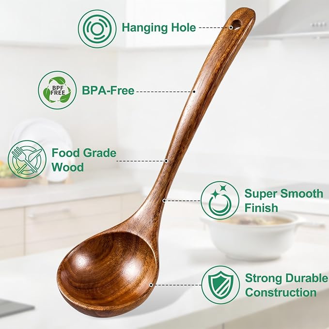 Wooden Ladles for Cooking, 2-Piece Soup Ladle & Pasta Spoon Set, Natural Teak Wood Soup Ladle and Slotted Spaghetti Spoon for Cooking, Serving and Stirring