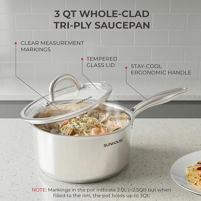SUNHOUSE 3 Quart Whole-Clad Tri-Ply Stainless Steel Saucepan with Glass Lid, Premium 18/8 Stainless Steel, Even Heat Distribution, Induction Ready, Stay-Cool Handle, Dishwasher Safe