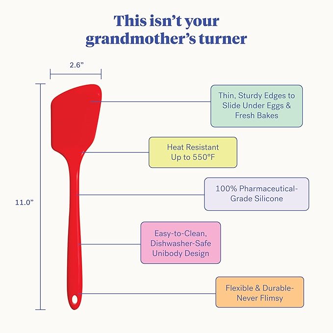 GIR: Get It Right Cooking Spatula Turner - 13-Inch Red Rubber Spatula - Seamless Silicone Nonstick Flipper - Heat-Resistant Cooking Utensil