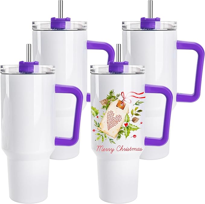 D·S 4 Pack Sublimation Tumblers 40 OZ with Handle Blank Insulated Large Tumbler Bulk, Coffee Travel Cups Stainless Steel Travel Mug for Diy Craft Heat Press Print