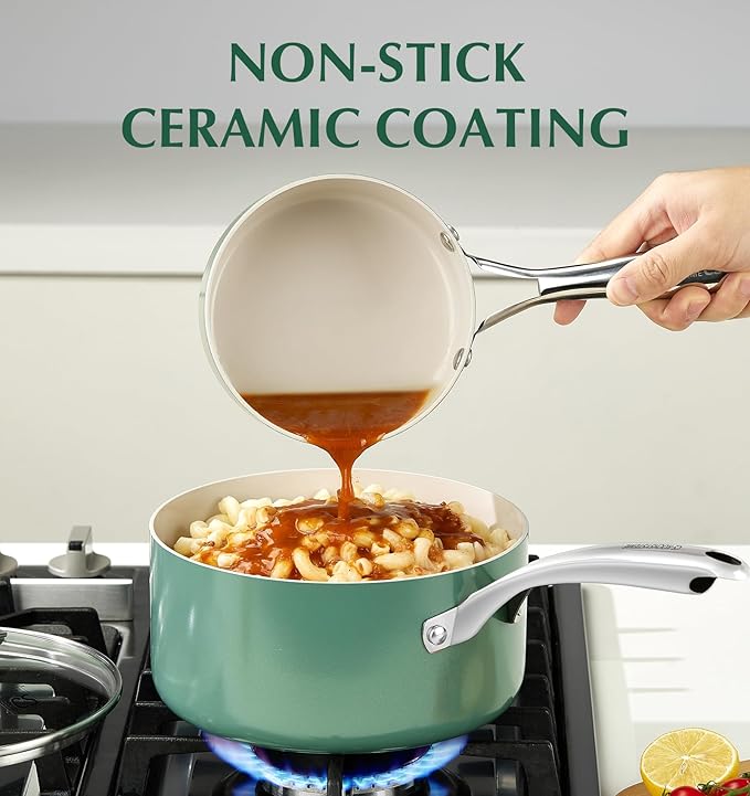 KOCH SYSTEME CS Nonstick Sauce Pan with Lid 1QT, 2QT & 3QT, Ceramic Saucepan Set 6Pcs, Non-Toxic Saucepan Set, Cooking Pots Set, Oven Safe & Induction Compatible, Green