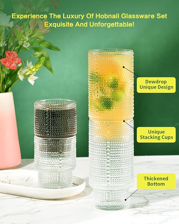 Hobnail Drinking Glasses Set of 12, Stackable Glasses 12 oz and 7 oz, Bubble Glasses Drinking, Vintage Glassware, Beaded Glassware, Highball Glasses, Gift Box Set