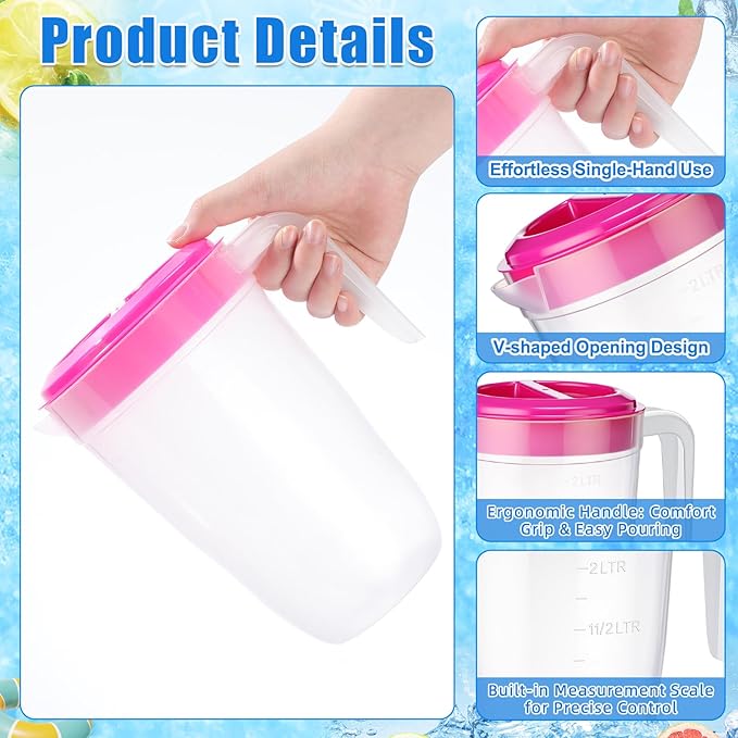 LemonRoad 6 Pcs 2 L Plastic Pitcher with Lid Water Iced Tea Pitchers Drink Container with Twist Cover Tea Jug for Fridge for Water Juice and Fridge Storage, Dishwasher and Freezer Safe(Mixed Color)