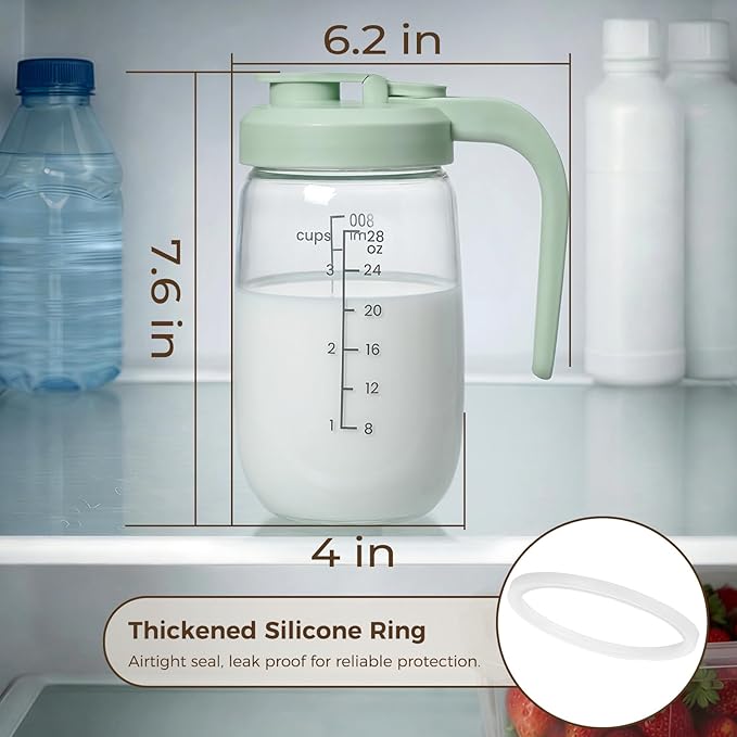 Breast Milk Pitcher 32 OZ, Heat & Cold Resistant, Sudden Temperature Safe, Fast Baby Formula Maker with Wide Mouth, No Leak Borosilicate Glass Fridge Storage Container for Juice, Cold Brew-Green