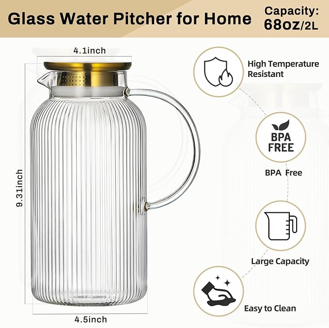 2 PACK Glass Pitcher with Lid, 68 oz/ 2 Liter Classic Vertical Stripes Water Pitcher with Silicone Base, Glass Water Carafe for Cold Brew, Coffee, Lemonade, Iced Sun Tea,Beverage,Heat Resistant