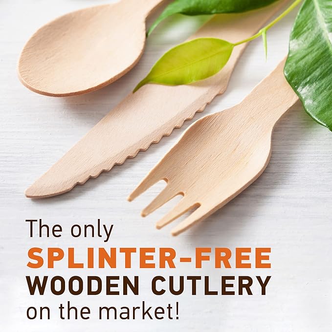 Weemium Disposable Wooden Cutlery Set - 300 Count (100 Forks, 100 Knives, 100 Spoons) – Plastic-free Packaging - Biodegradable Silverware and Splinter-free Compostable Utensils for Parties
