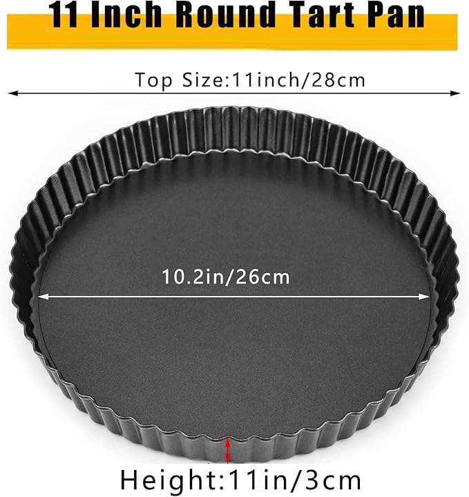 Tart Pan 11 Inch Tart Pan Carbon Steel Round Non-Stick Pan Quiche Pan with Removable Chassis for Mousse Cakes, Kitchen Reusable Baking Tool with A Depth of 1.18 Inches.
