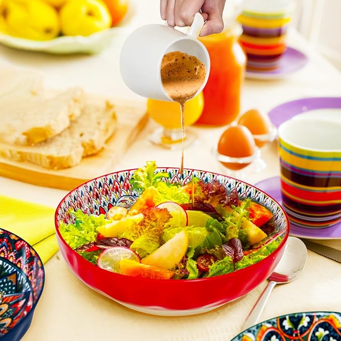 Large Serving Bowls, 10 inch Porcelain Bowls,75 Oz Fruit Salad Soups & Pasta Bowls for Entertaining, Dinner, Party - Stylish Decorative Dishes, Set of 2, Microwave & Dishwasher Safe - RED