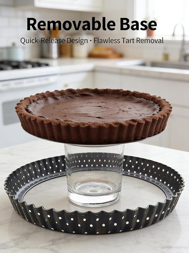 9 Inch Perforated Tart Pan for Crispy Crust w/Cake Server. Removable Bottom, Non-Stick Coating, Rugged Carbon Steel for Tart Quiche Pie Baking. Gift for Christmas Thanksgiving Party