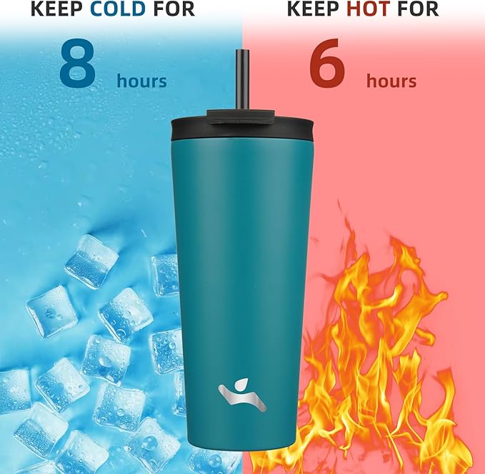 22 OZ Insulated Tumbler with Lid and 2 Straws Stainless Steel Water Bottle Vacuum Travel Mug Coffee Cup,Blue