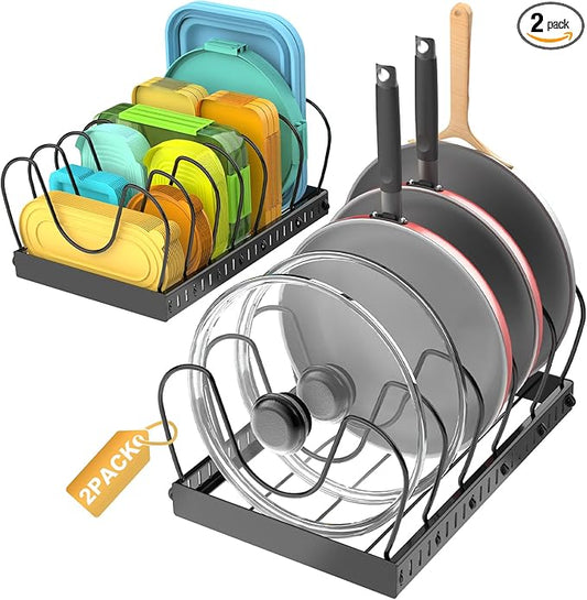 2PACK Pot Lid Organizers Inside Cabinet for Kitchen, Pots and Pans Organizer Under Cabinet with 16 Adjustable Dividers, Countertop Lid Holder, Rust-Resistant, Tool-Free Installation, Easy to Clean