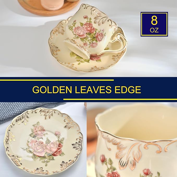 YOLIFE Tea Cups and Saucers Set of 2, Porcelain Floral Tea Cups Set with Holder, Fancy Vintage Teacups 8 oz