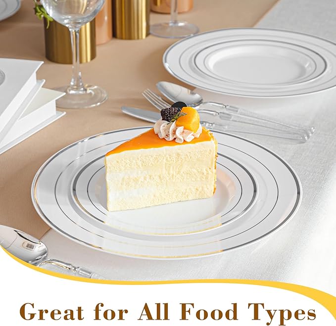 200PCS Sliver and White Plastic Plates, Disposable Party Plates with Silver Rim, Include 100 Dinner Plate and 100 Elegant Dessert Plate for Party and Wedding