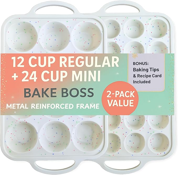 2-Pack Silicone Muffin Pan Set – Regular 12 Cup & Mini 24-Cup Silicone Muffin Pans for Baking – Nonstick Silicone Cupcake Pan with Metal-Reinforced Handles – BPA-Free, Dishwasher-Safe, Cream