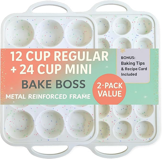 2-Pack Silicone Muffin Pan Set – Regular 12 Cup & Mini 24-Cup Silicone Muffin Pans for Baking – Nonstick Silicone Cupcake Pan with Metal-Reinforced Handles – BPA-Free, Dishwasher-Safe, Cream