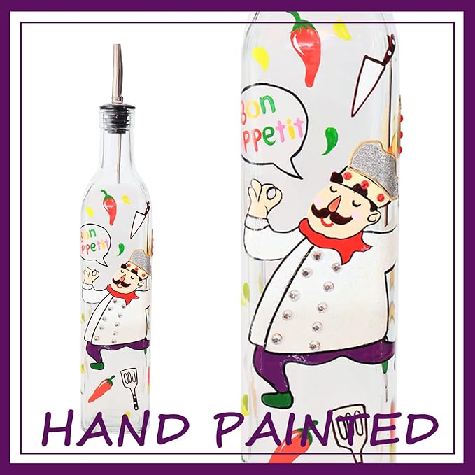 17oz Hand Painted Glass Olive Oil Bottle - 500ml Green Oil & Vinegar Cruet with Pourers and Funnel - Olive Oil Carafe Decanter for Kitchen (chef)