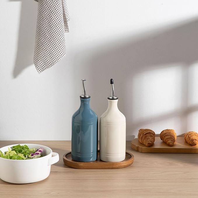 Sweejar Ceramic Olive Oil Dispenser Bottle Set, Opaque Oil Cruet Protects to Reduce Oxidation, Suitable For Storage Of Vinegar, Soy Sauce & Other Liquids,Pack of 2,15.5 Fl Oz (Beige Fogblue)