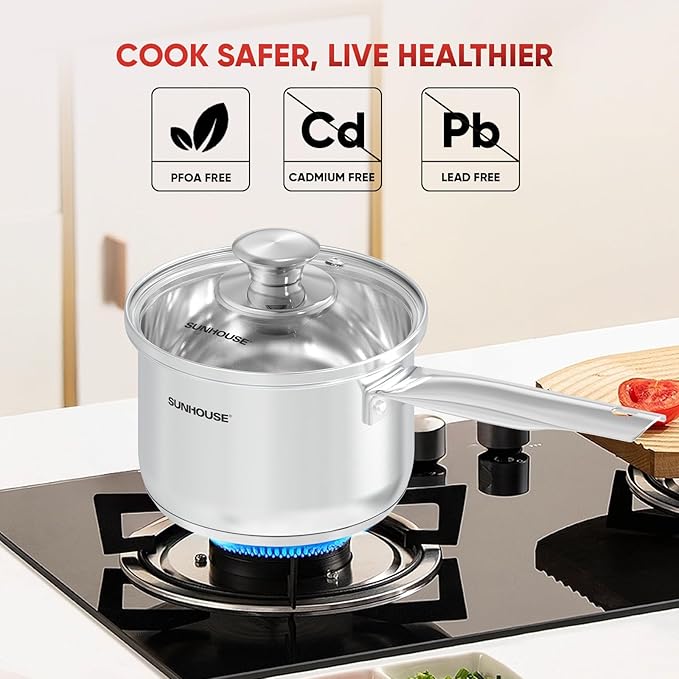 SUNHOUSE – 1.5 Quarts Stainless Steel Sauce Pan with Lid - PFOA-FREE, Stainless Steel Sauce Pan, Advanced Impact Bonding Induction Base, Stay-Cool Handle, Compatible with All Cooktops