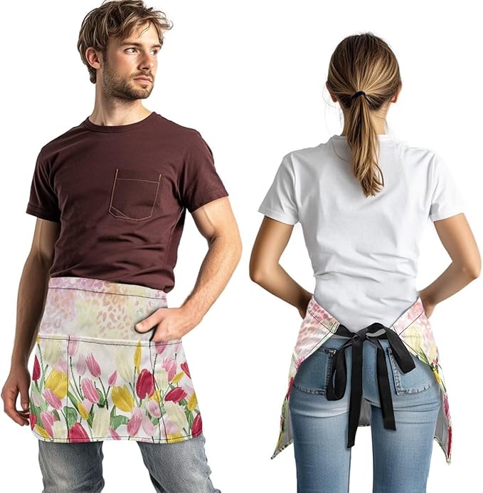 Server Waitress Waist Apron with 3 Pockets, Short Aprons for Servers,Waiter Apron For Waiter Accessories