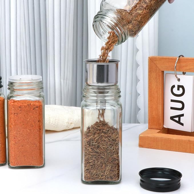 24pcs Spice Jars with180 Labels,Glass Spice Jars, Seasoning Containers,Seasoning Organizer,Include black metal lid, pen, grinder, stainless steel funnel, two type inner plugs